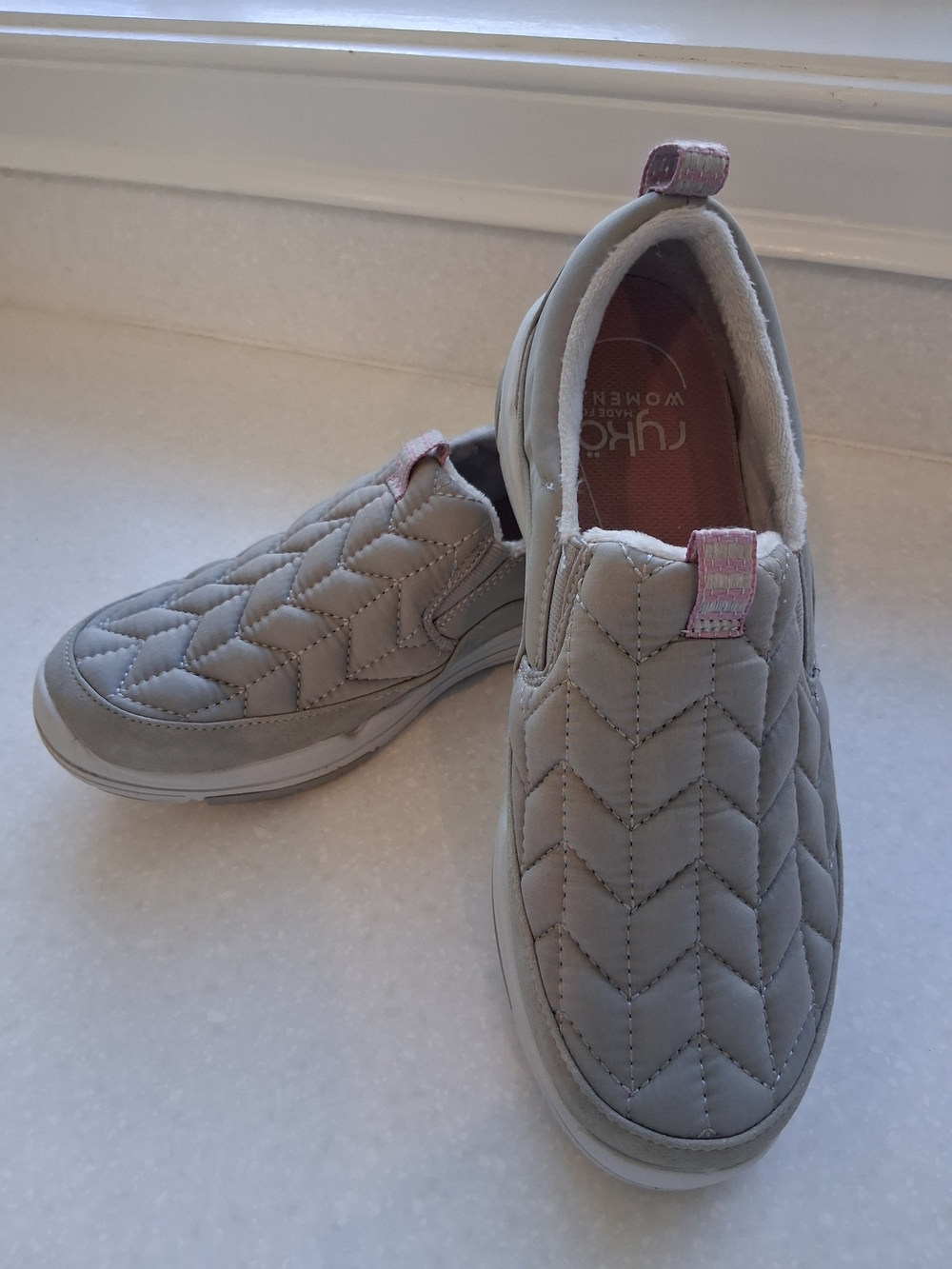 Ryka Quilted Light Gray Slip-On Sneakers with Pink Pull Tabs